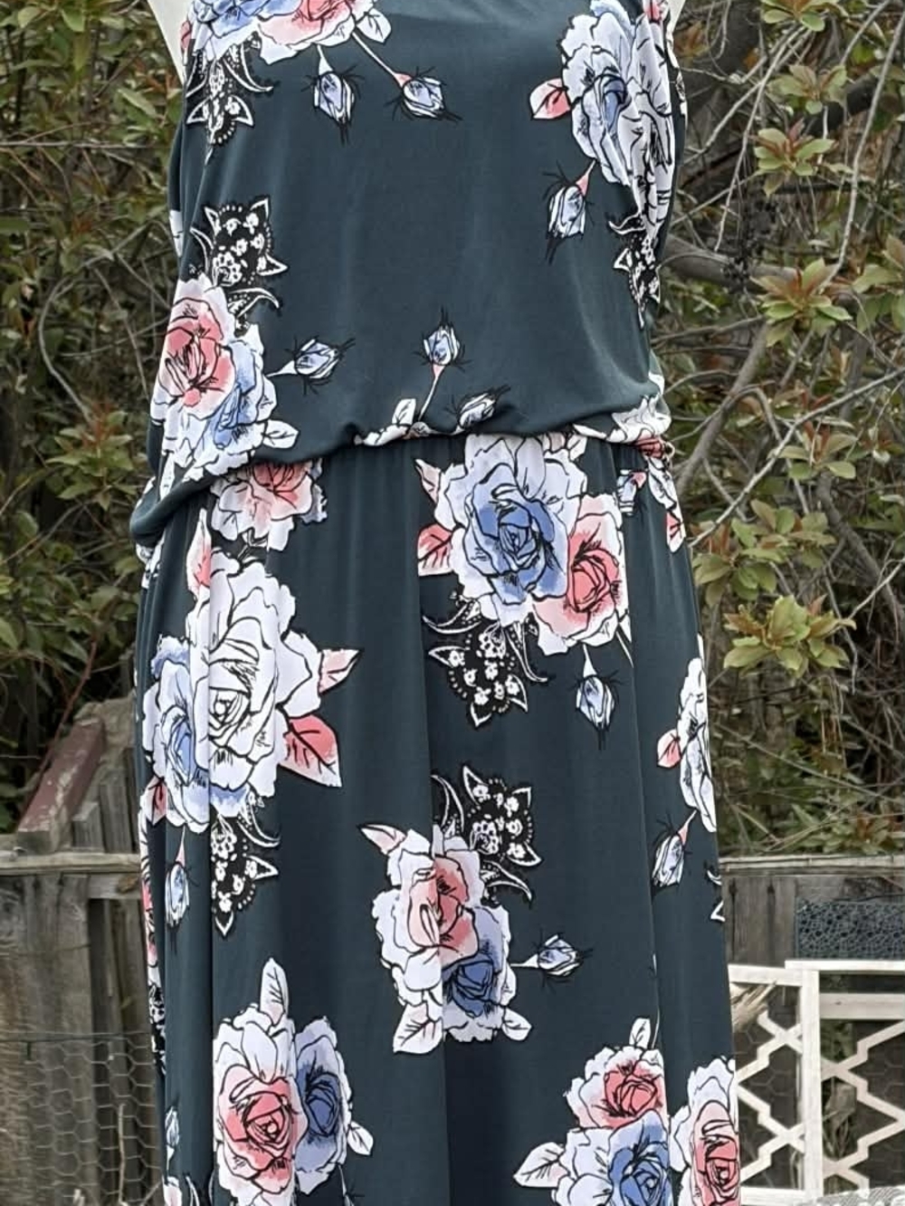 Maurices Floral Maxi Dress in Dark Green with Pink & Blue Roses